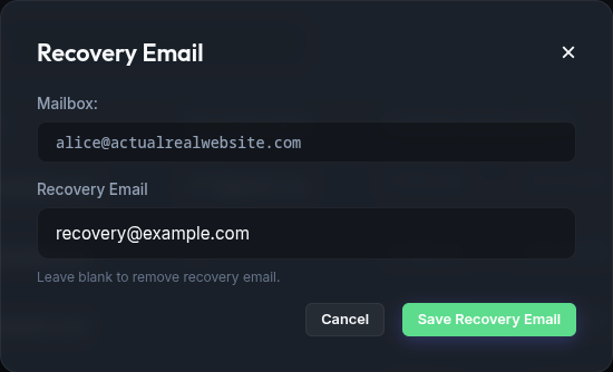 Recovery email modal