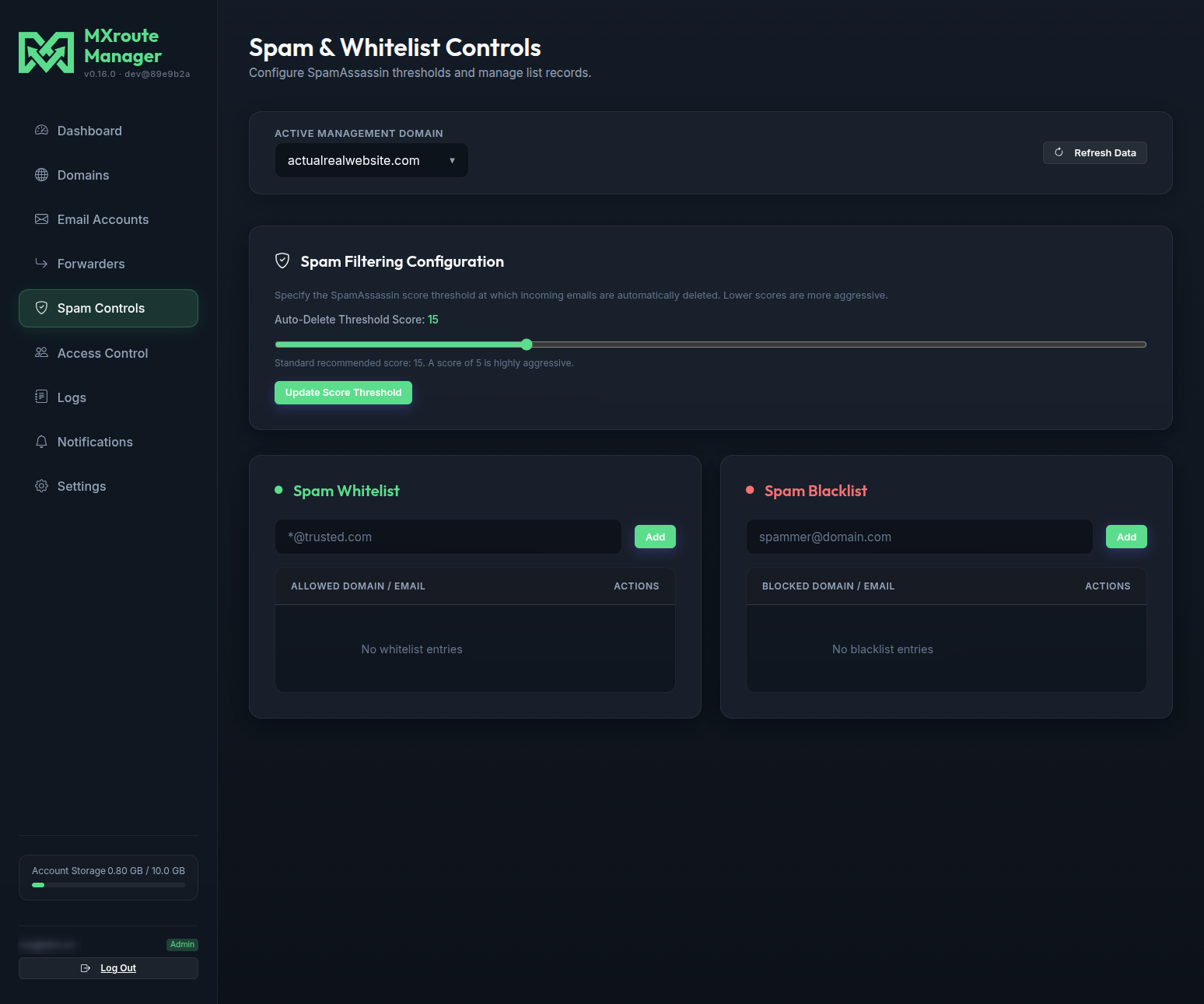 Spam Controls tab